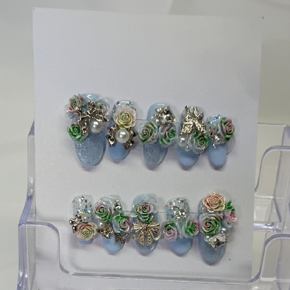Floral Embellished Blue Press-On Nails
